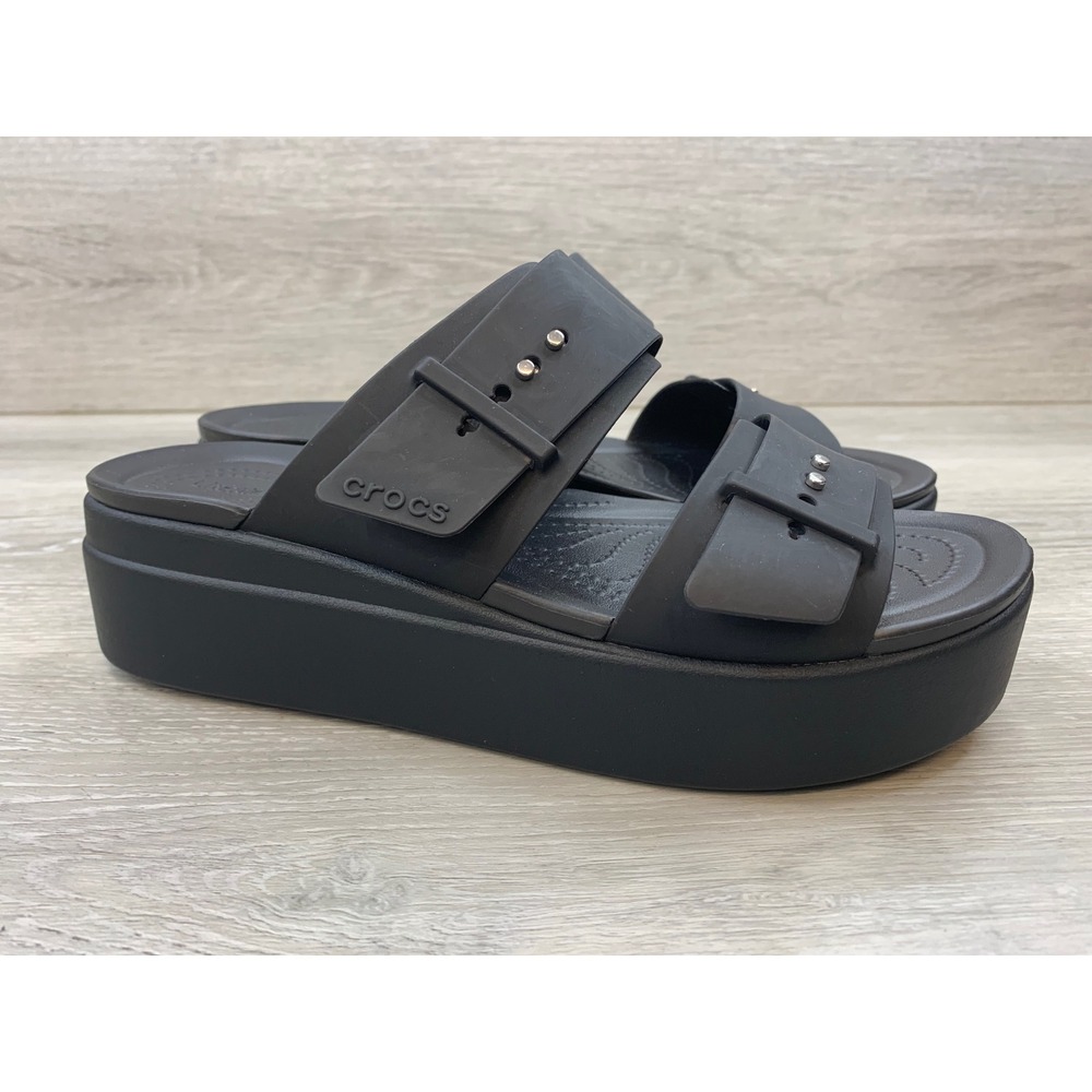 Crocs Women's Brooklyn Buckle Low Wedge Black Platform Sandals 9 LiteRide Shoes